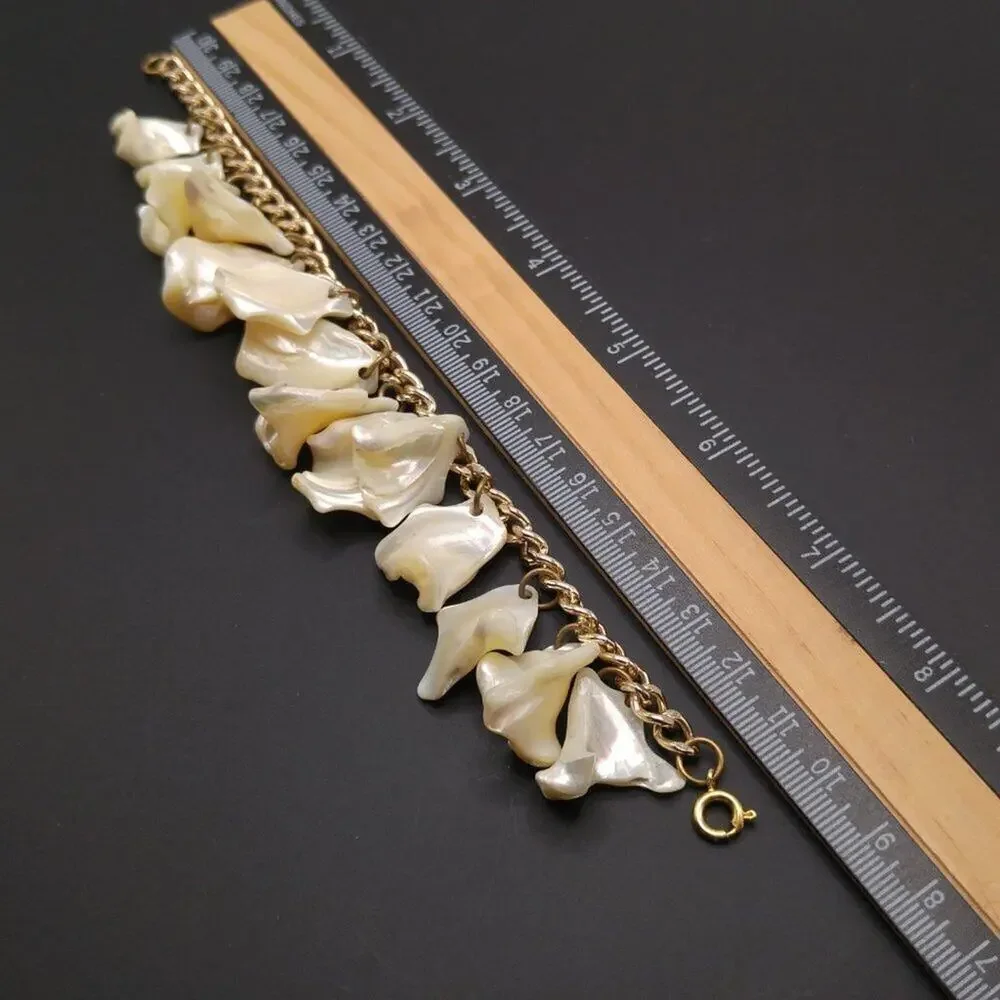 Vintage Mother of Pearl Charm Bracelet Gold Tone Dangle 1950s 8 Inch